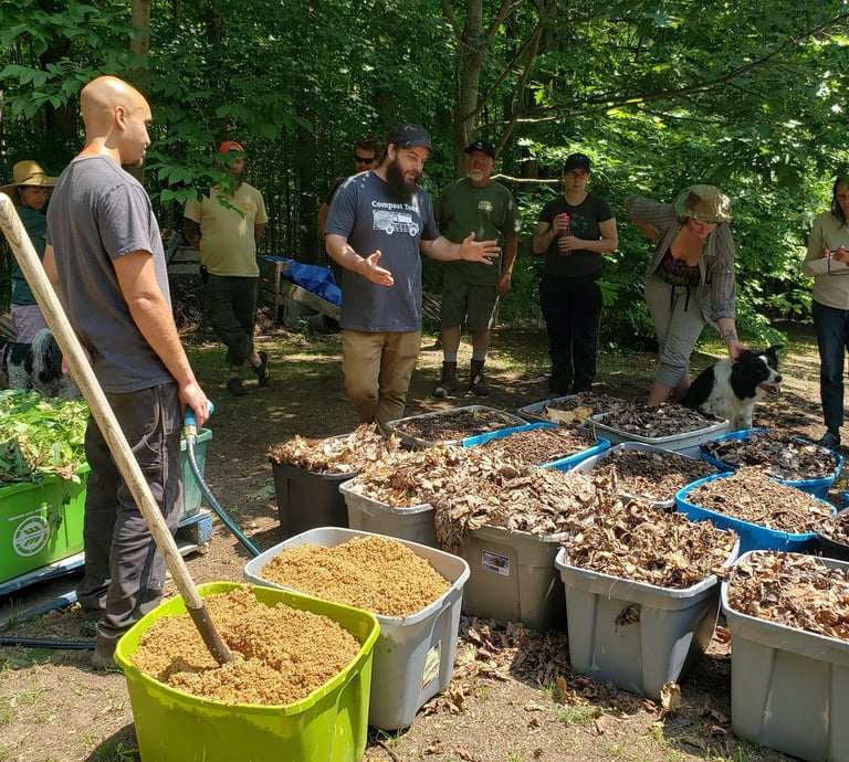 A group learns organic composting techniques using bins of dry leaves and green waste outdoors.