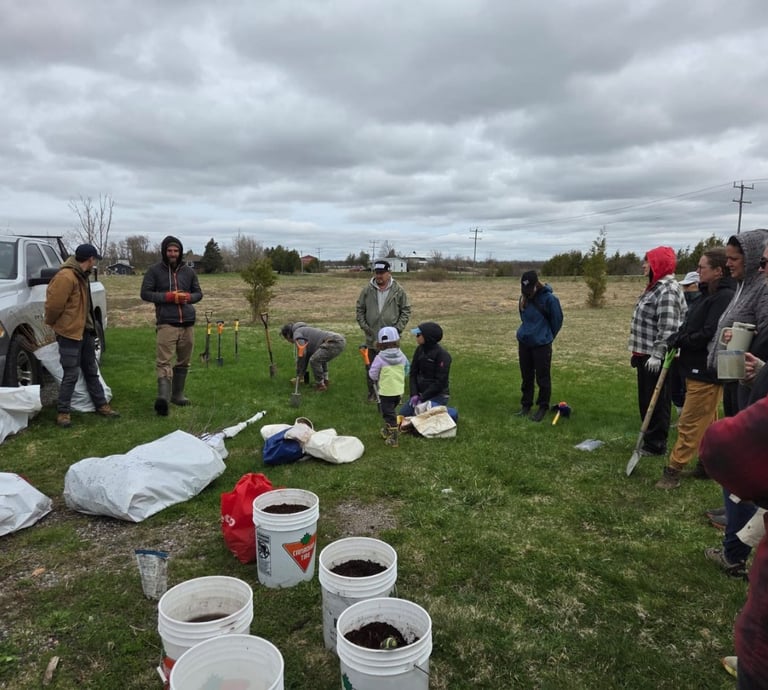 A community group gathers in a field for a tree planting event with shovels and soil buckets.