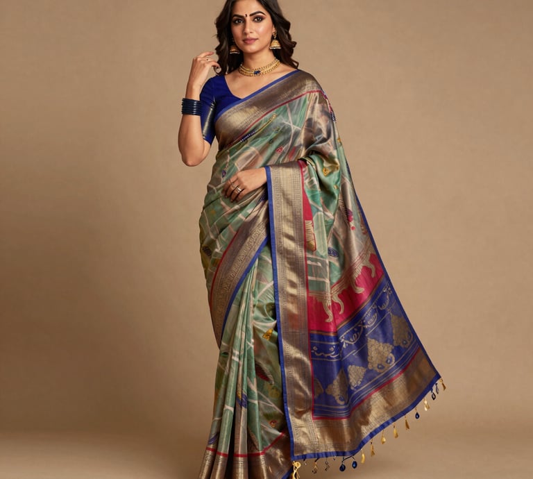 Close-up of a rich, handwoven silk saree with intricate gold zari work.