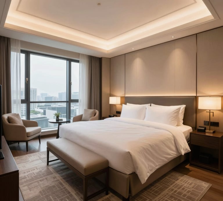 A small desk and chair by the window in a standard hotel room.
