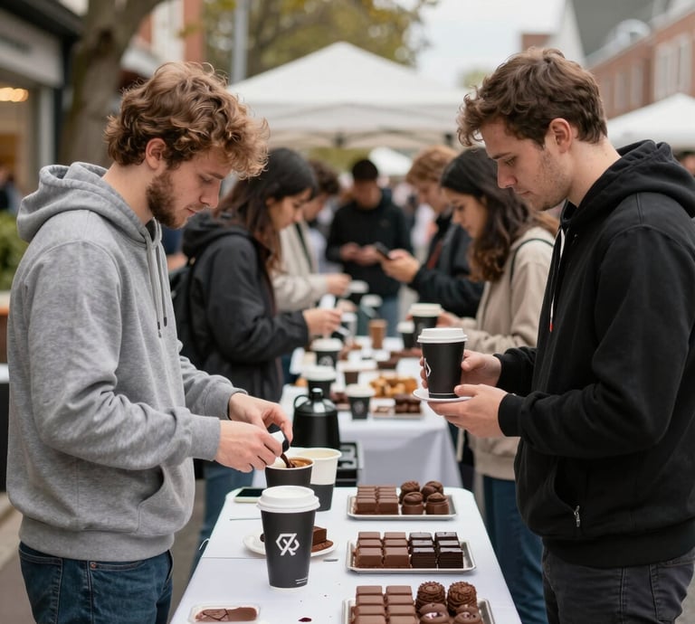 A lively outdoor festival scene with people tasting chocolate and coffee surrounded by lush greenery.