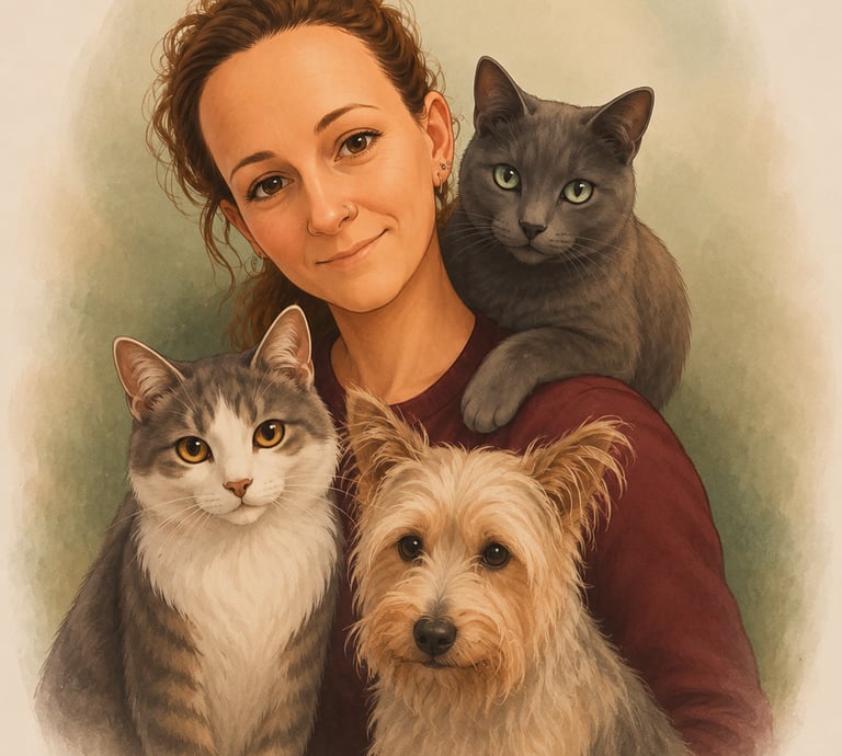 Watercolor illustration of a Eva with her two cats and a small terrier dog.