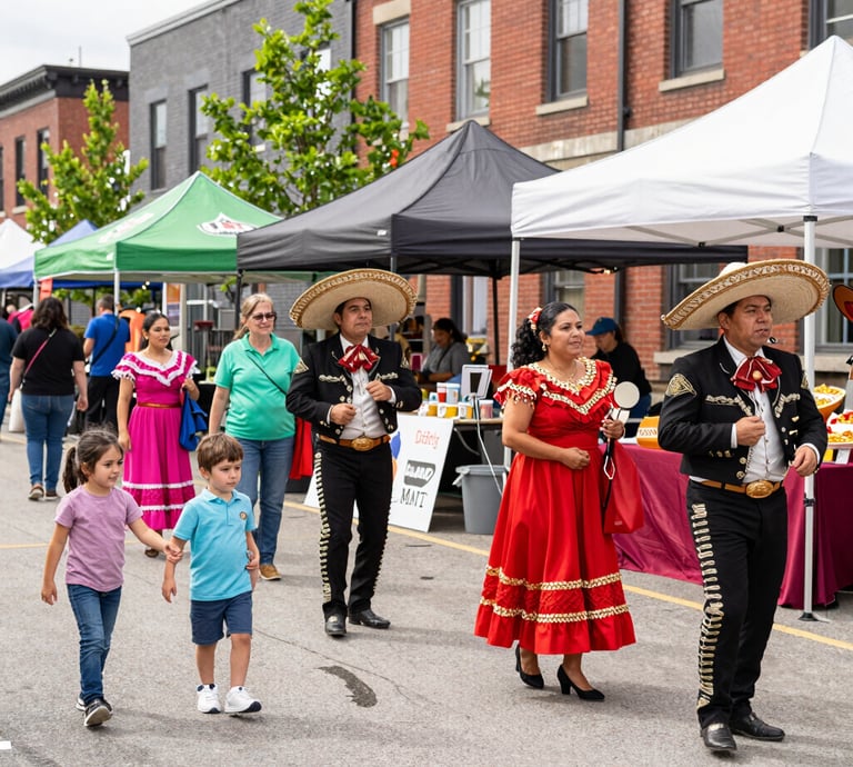 A lively crowd enjoying colorful tropical decorations and live Latin music at an outdoor festival in downtown London.