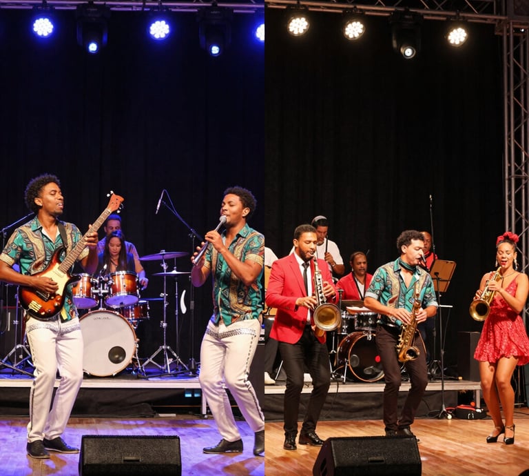 A lively crowd dancing beneath lush tropical decorations under a bright blue sky at a Latin festival.