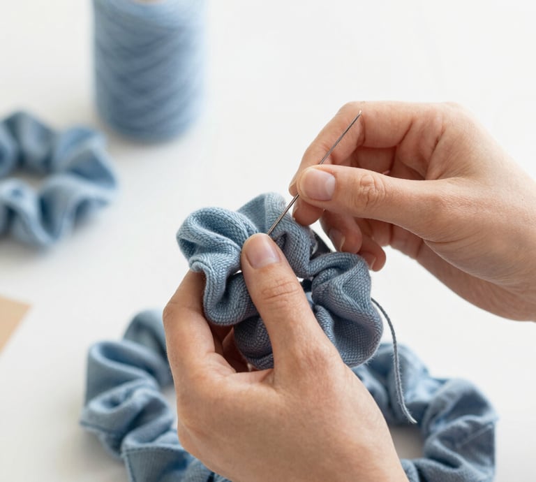 Close-up of hands sewing a luxurious scrunchie in a cozy workshop.