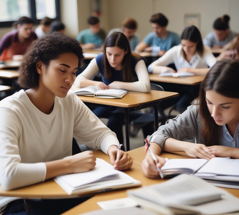 A diverse group of educators collaborating over digital devices in a bright, modern classroom.