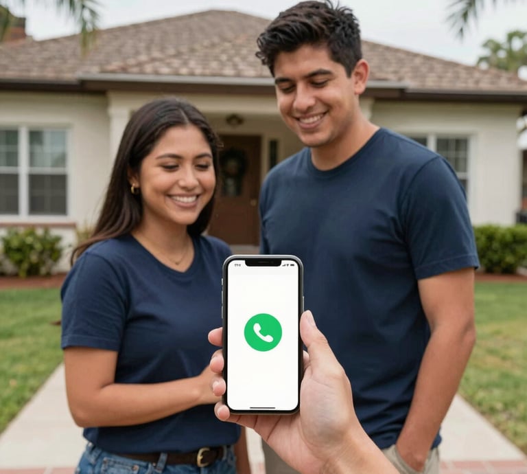 A happy couple standing in front of their home while a hand holds a smartphone showing a call icon.