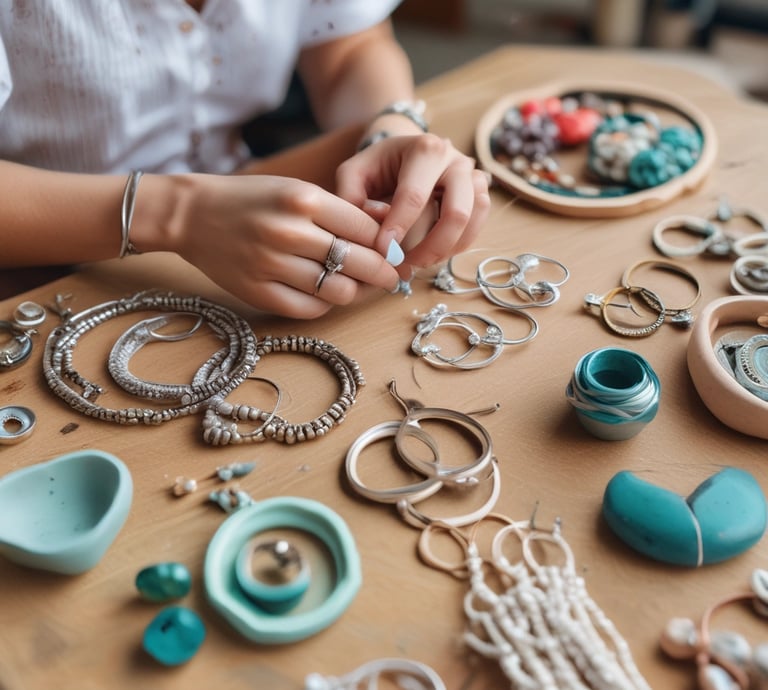Close-up of shimmering resin jewelry pieces displayed on natural wood slabs
