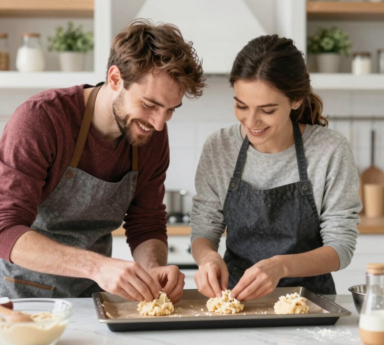 Close-up of hands mixing cake batter in a glass bowl with a wooden spoon on a kitchen counter.