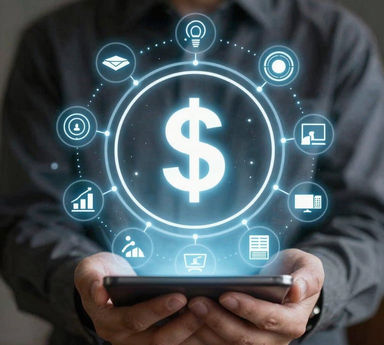 A futuristic office with neon lilac and navy blue lighting, showing a team collaborating on AI-driven projects.