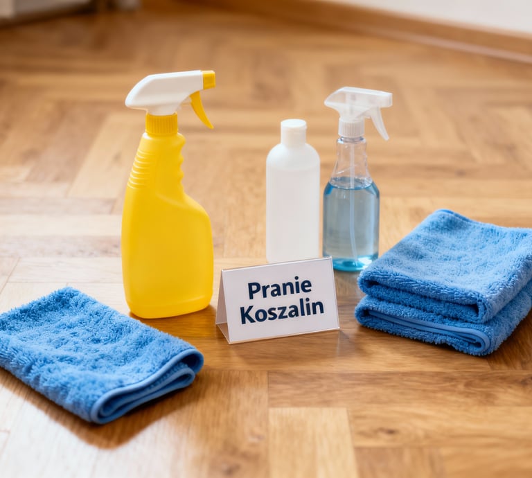 a cleaning supplies set up on a wooden floor