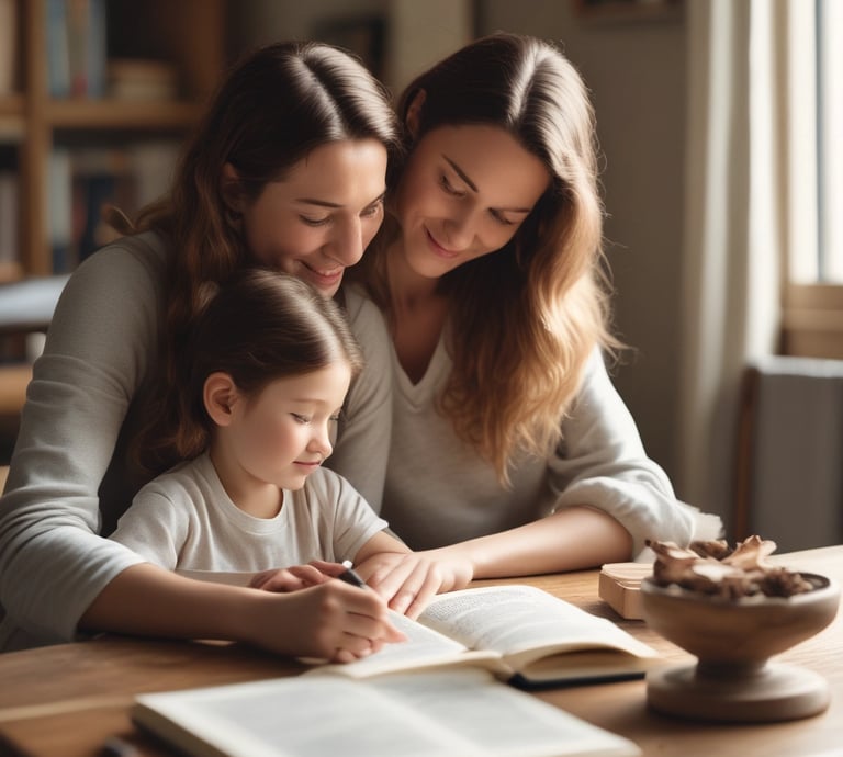 A cozy family reading together by a warm fireplace, surrounded by books.