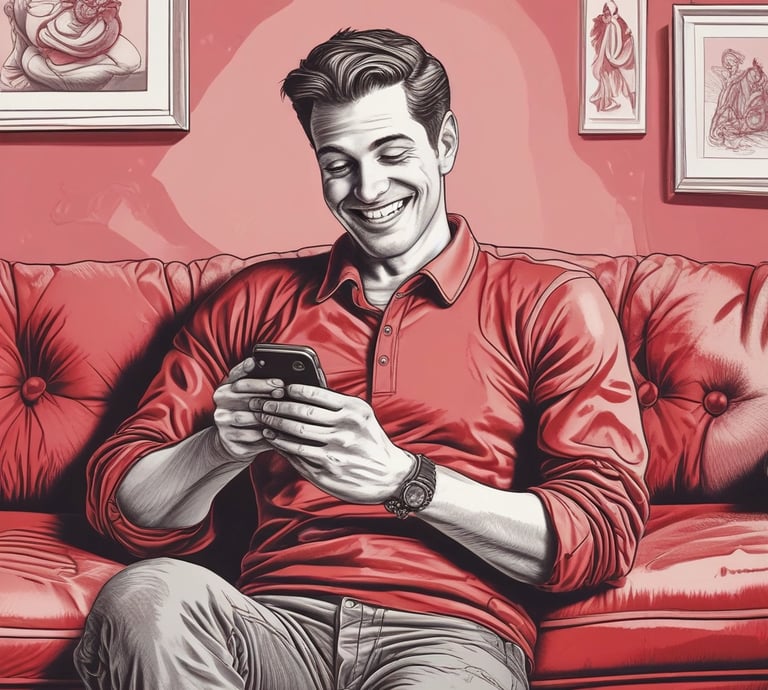 A happy person smiling while using a dating app on their phone in a cozy café.