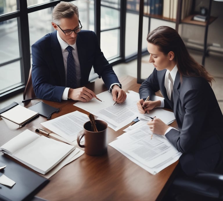 A professional group of lawyers in a modern office, discussing legal documents together.