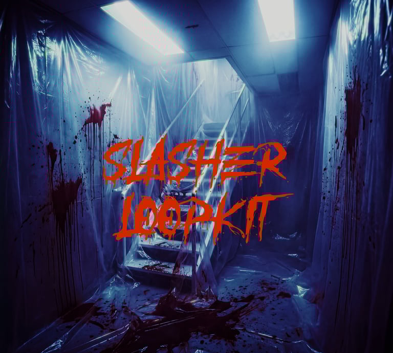 Slasher Loop Kit cover art featuring a dark, bloody hallway wrapped in plastic for horror music production.