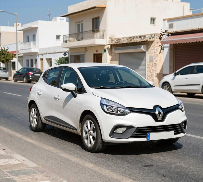 A vibrant yellow and black rental car parked on a sunny Djerba street, ready for a road trip.