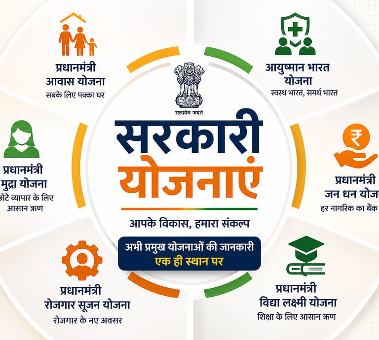 Infographic of Government of India welfare schemes like PM Awas Yojana and Ayushman Bharat.