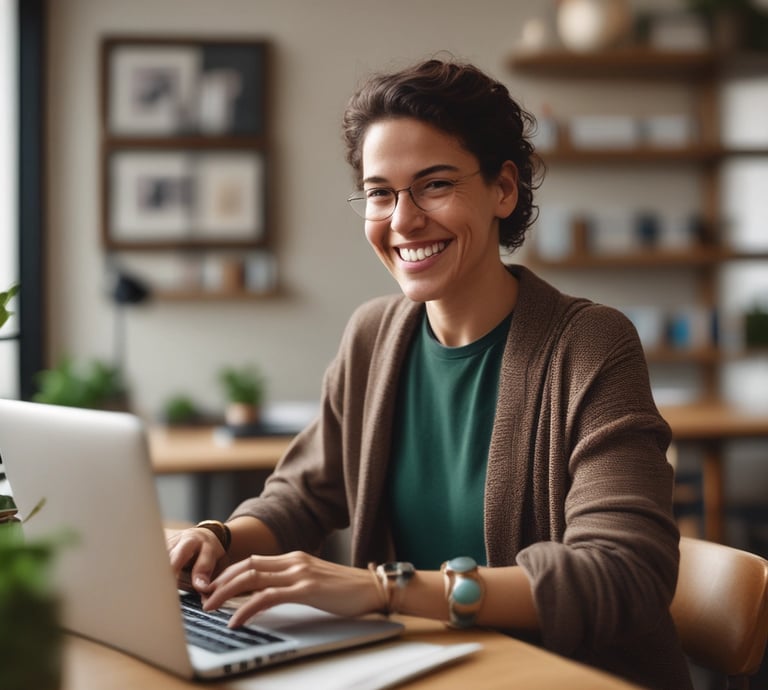 A friendly small business owner smiling while using a laptop in a bright, modern workspace.