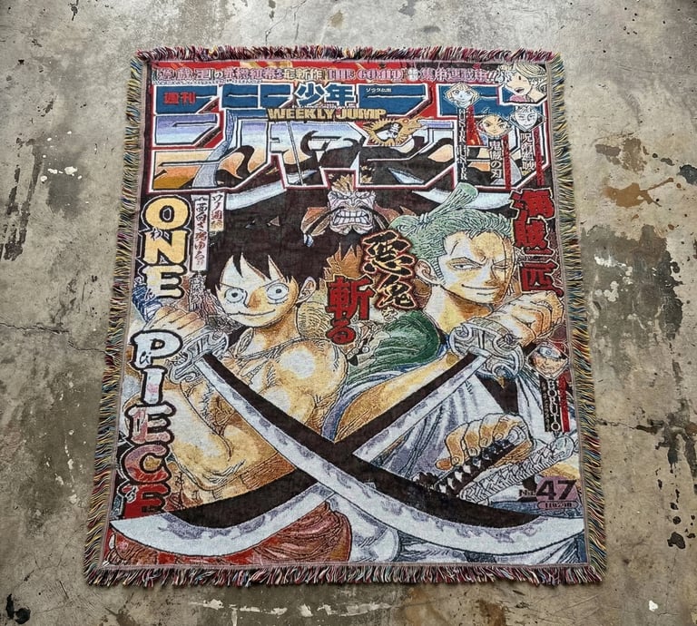 Custom woven tapestry rug featuring a Weekly Shonen Jump One Piece cover with Luffy and Zoro.