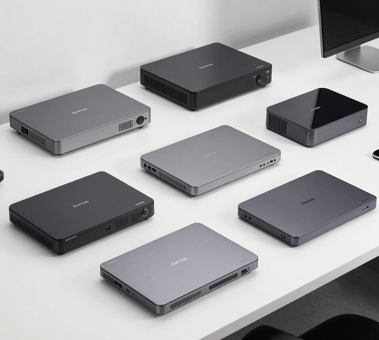 A sleek mini PC setup on a modern desk with multiple monitors displaying vibrant graphics.
