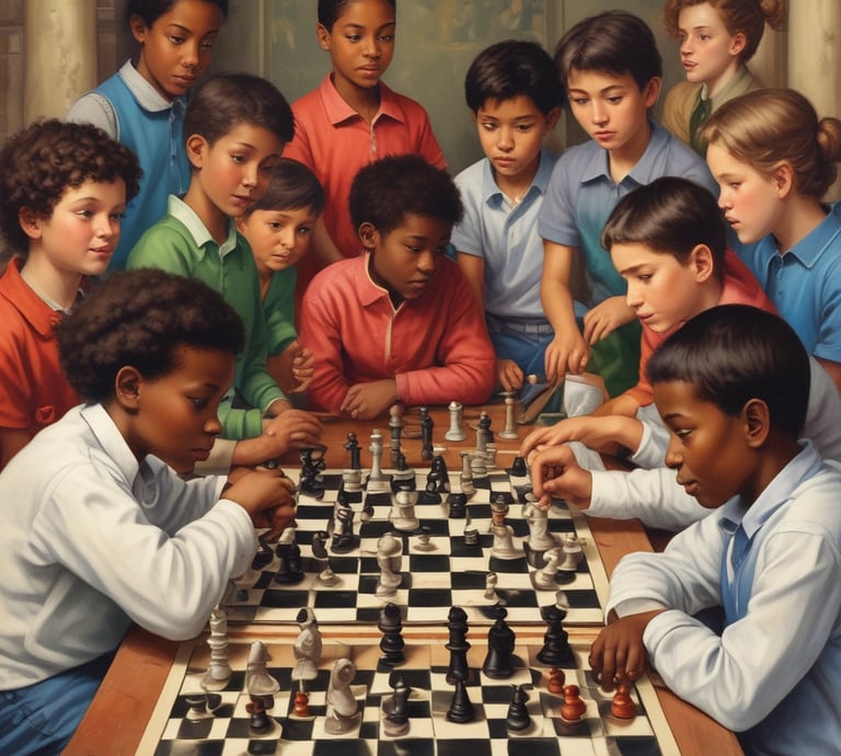 Children gathered around a chessboard, deeply focused during a lesson in a community center.