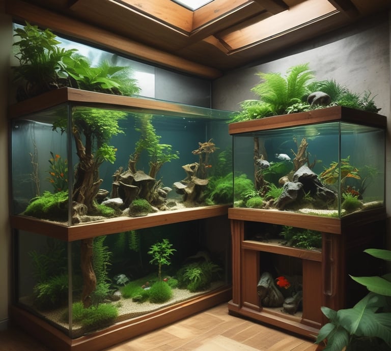 Close-up of hands assembling a small terrarium with soil, plants, and tiny figurines inside a glass container.