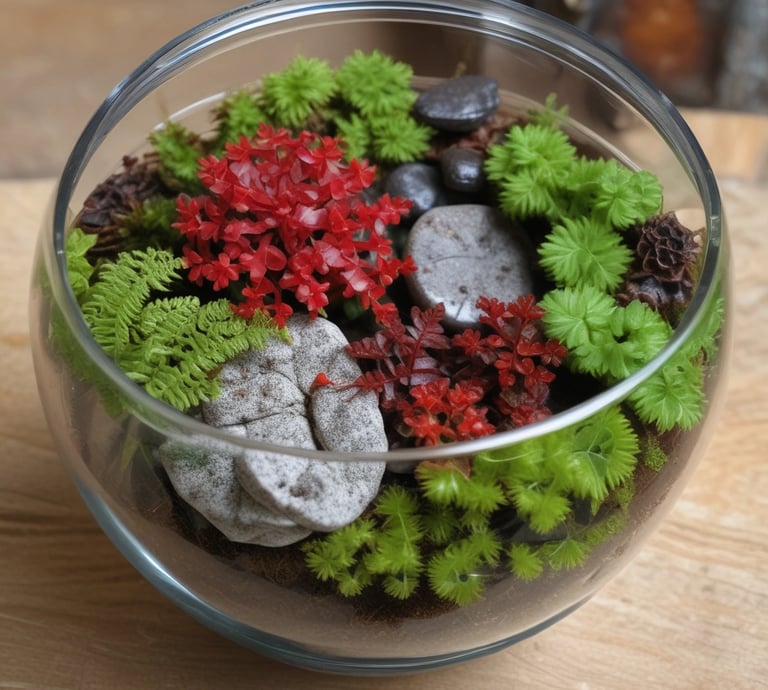 A cozy terrarium kit with moss, small plants, and decorative stones arranged neatly on a wooden table.