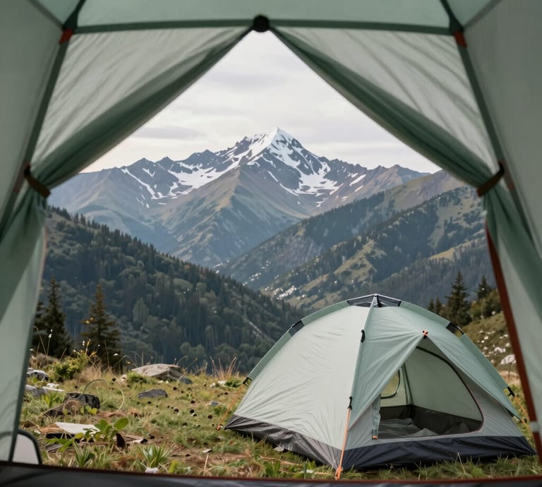 A cozy campsite at sunset with a tent, campfire, and forest backdrop.
