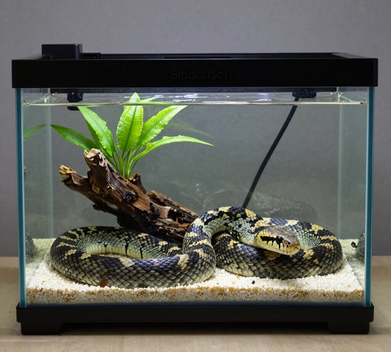 A patterned pet snake coiled inside a glass terrarium with driftwood, green plants, and white substrate.