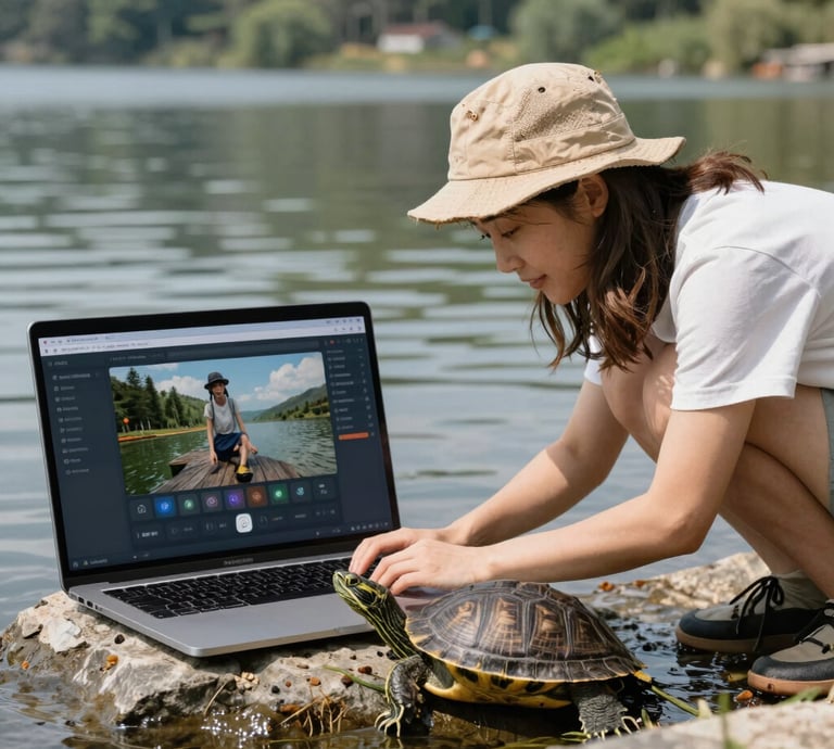 A woman editing video on a laptop by a lake with a turtle on the keyboard.
