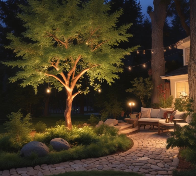 a patio with a couch and a tree