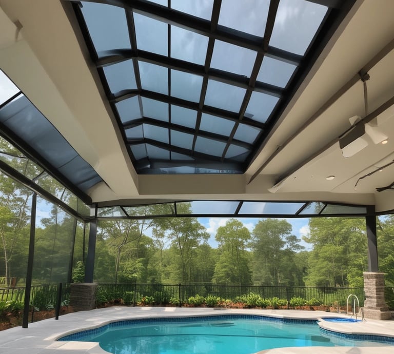 A swimming pool area featuring a blue pool cover rolled onto a metal frame at the edge of the pool. The deck is made of wooden planks, and there is a black fence with trees visible in the background. The area appears clean and well-maintained, with the cover neatly aligned along the pool's edge.