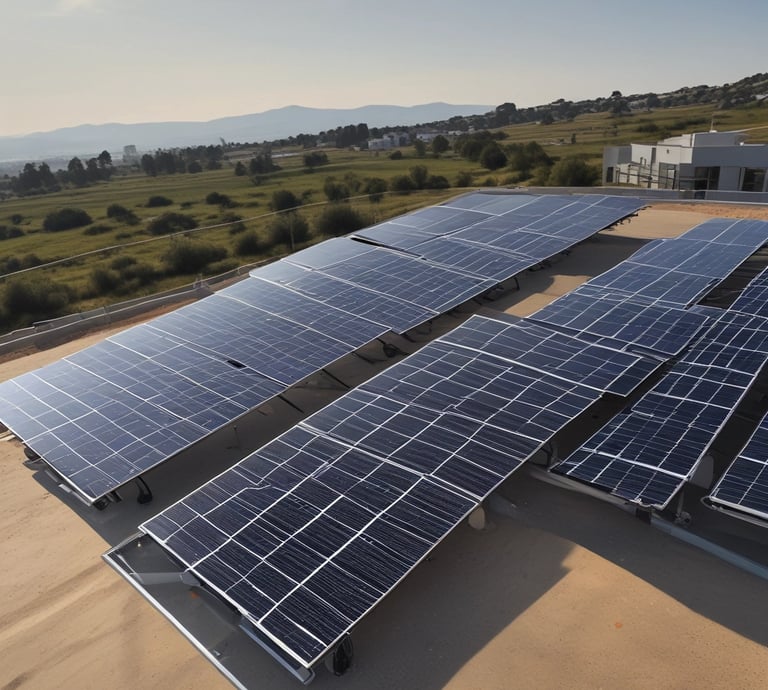 Expansive solar panel installation spread across a large, open area, nestled in front of lush green hills under a clear blue sky.
