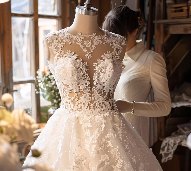 le couturier coud une robe de mariée en dentelle blanche la mariée regarde la robe