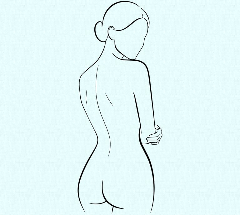 Minimalist female line figure study — stylized three-quarter view drawn in soft black ink with quiet