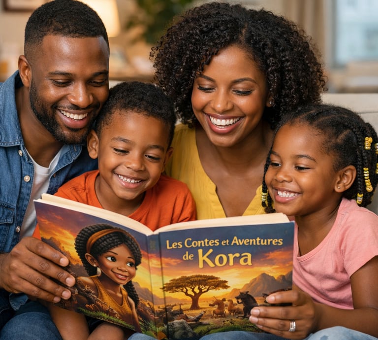 A smiling Black family, parents and two children, reading an illustrated children's storybook together on a couch, promoting