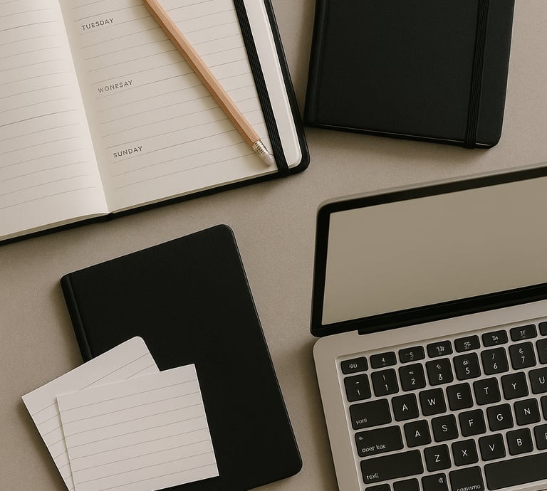 a laptop computer and notebook with a notebook and a pen