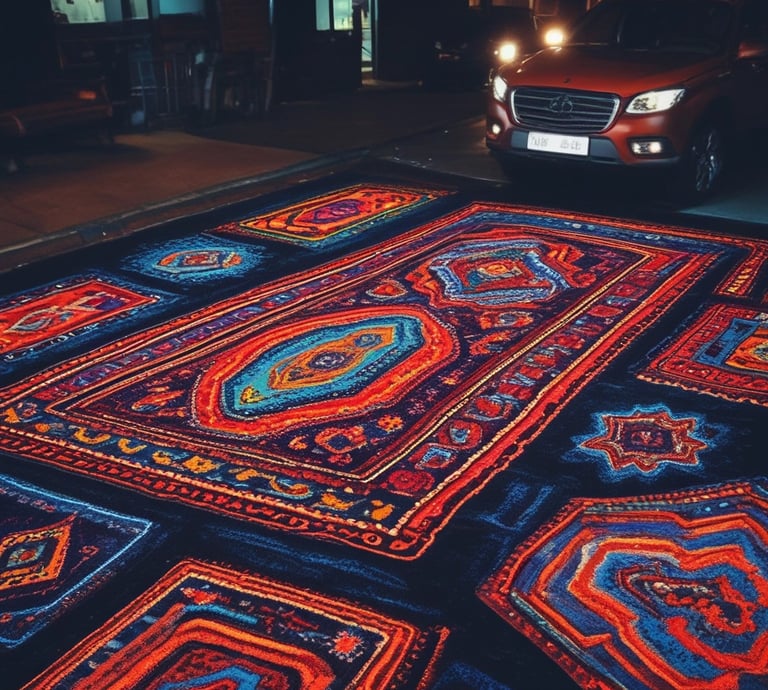 A person processes a payment using a contactless card reader while another hand holds a credit card. The scene is set on a dark surface with various leather crafting tools and materials scattered around, including a ruler, leather straps, and a utility knife.