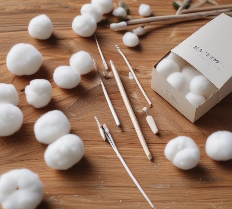 Close-up of soft cotton balls and eco-friendly packaging materials arranged on a wooden table.