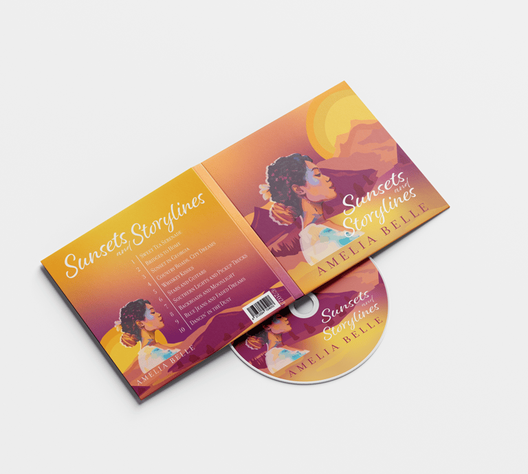 CD cover for 'Sunsets and Storylines' by Amelia Belle with warm tones and a stylized portrait