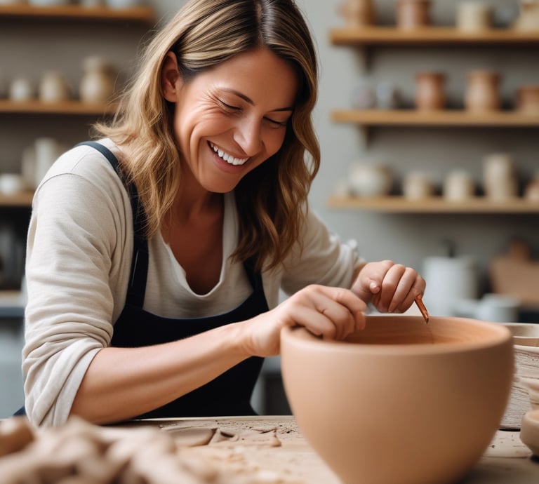 A handcrafted clay jug with a curved handle and unfinished surface rests on a pottery wheel. The background is slightly blurred, with hints of a workspace including an orange notebook.