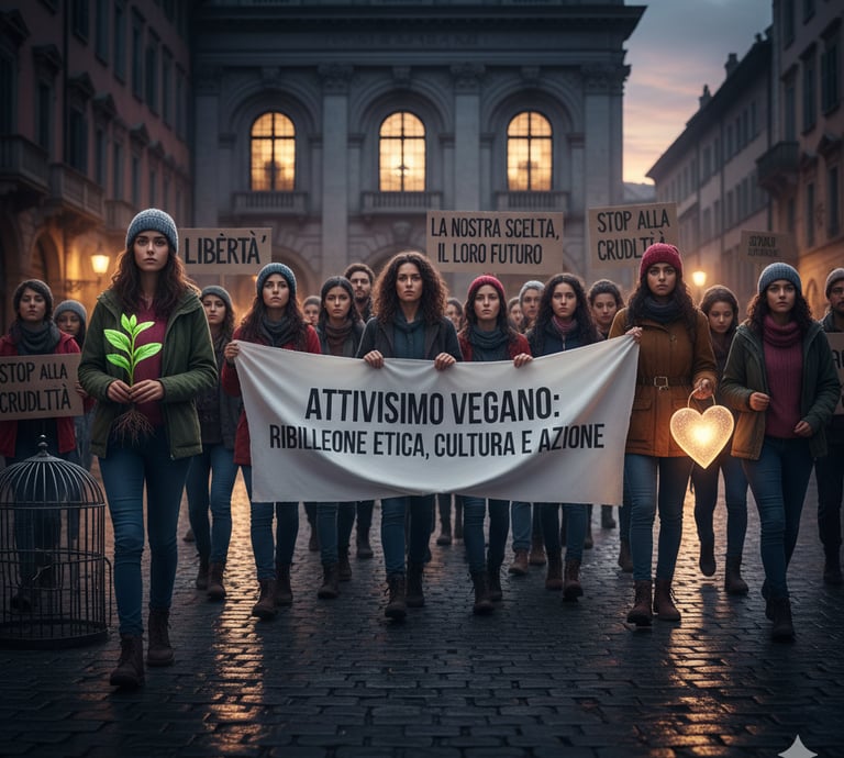 Una marcia silenziosa di attivisti vegani al tramonto, con striscioni che recitano "ATTIVISMO VEGANO