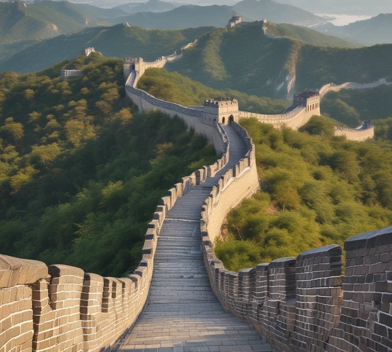Panoramic view of the Great Wall of China winding across lush green mountains under a soft morning mist.