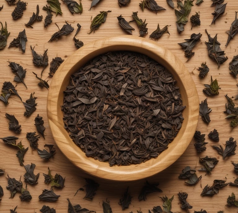 A bright and colorful tea packaging with fruit-themed designs sits on a table. A glass vase with green stems is placed nearby, alongside a cup of tea on a wooden coaster and a small decorative item resembling a dried flower. An orange background adds vibrancy to the scene.