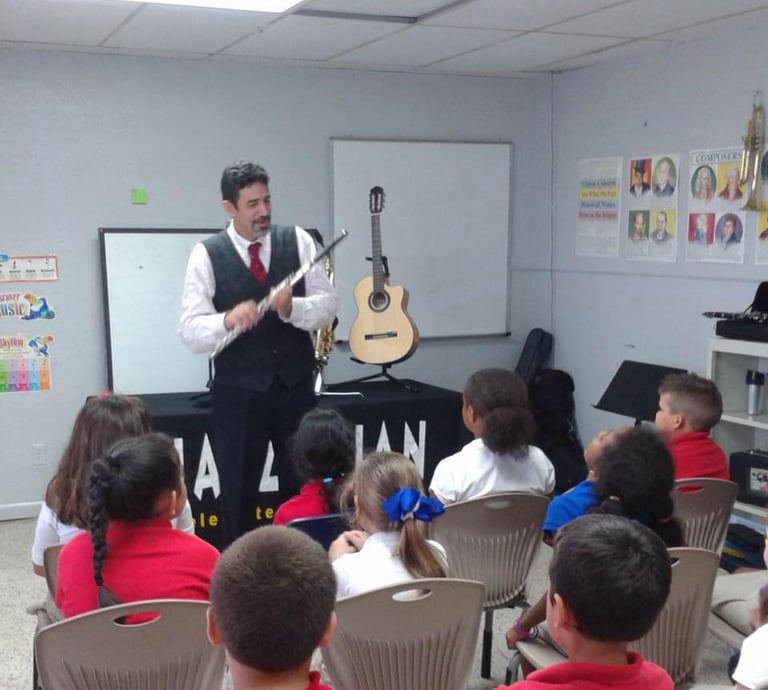 Jazz flutist Maestro Bobby Ramirez teaching kids jazz history