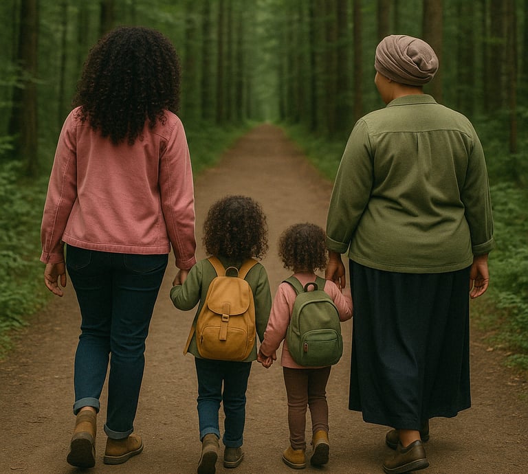 muslim mum, mixed race mum and two mixed race daughters walking in the woods with their back to us.