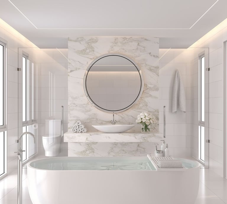 a bathroom with a tub tub and a large mirror