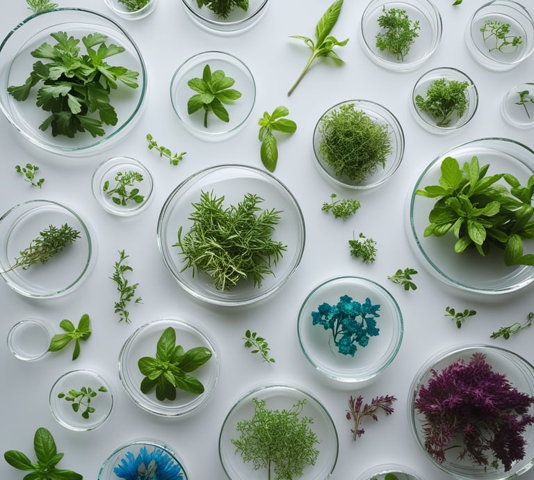 a variety of different types of herbs in glass bowls for Habu Secrets cream