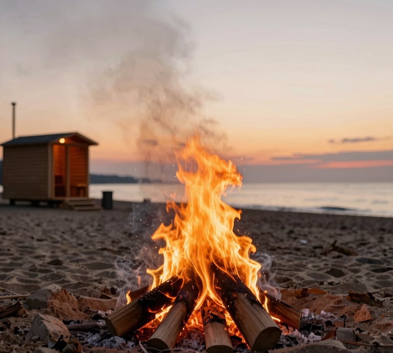 Cozy wooden sauna cabin nestled in a lush green forest setting.