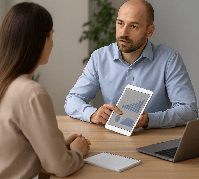 Du žmonės analizuoja verslo augimo diagramas.